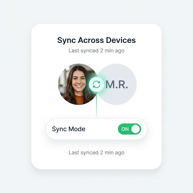 Sync mode UI showing two avatars connected
